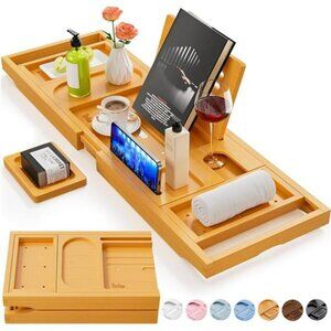 Expandable Bamboo Bathtub Tray Caddy with Wine Holder Gift for Spa Relaxation
